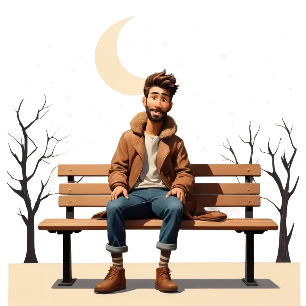 Cartoon-Man-with-Brown-Fur-Sitting-on-Bench-in-Park-with-Moon-PNG-Image