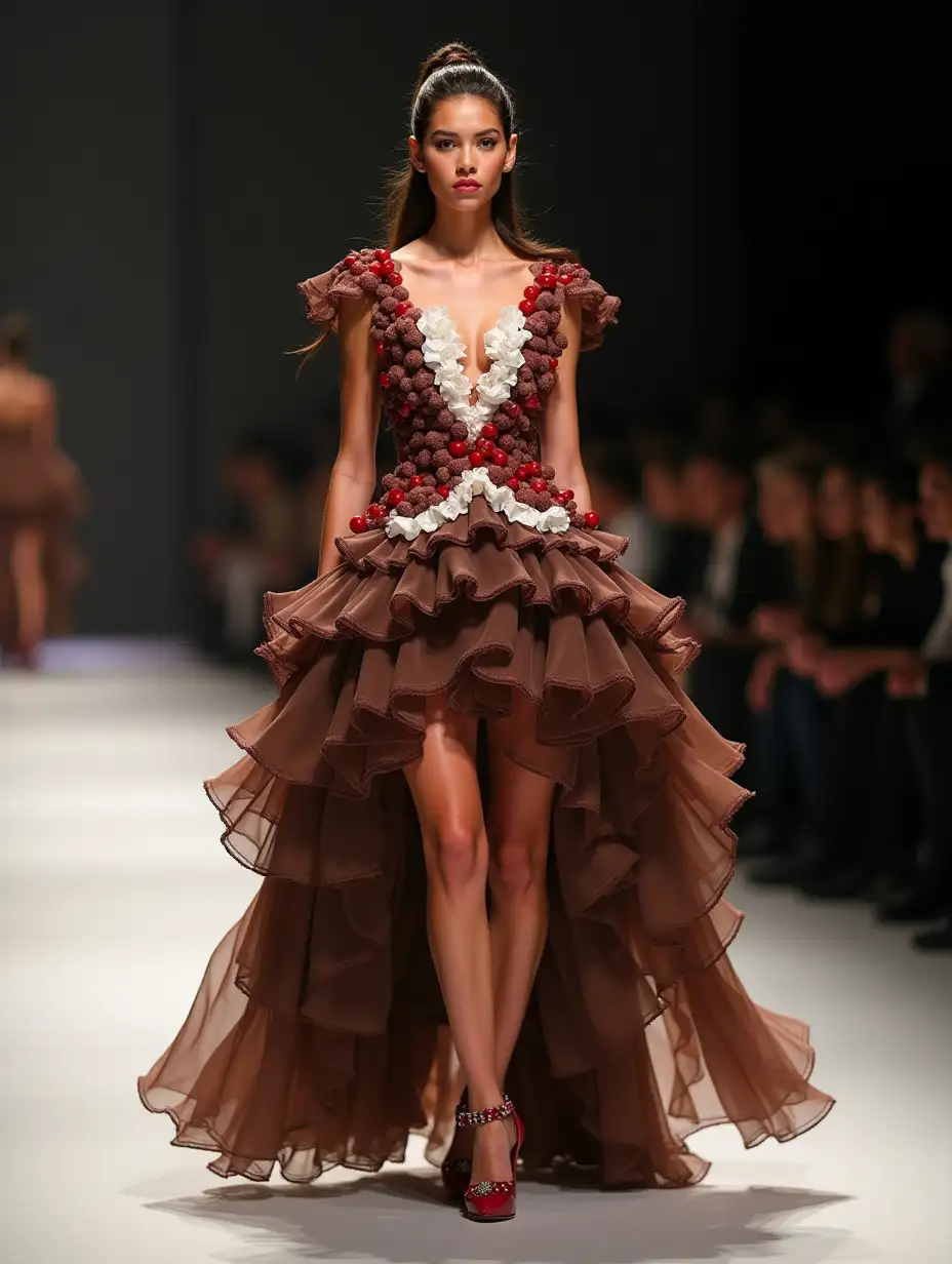 A statuesque model strides confidently down the Milan Fashion Week runway. Her ensemble, a breathtaking ode to the Schwarzwälder Kirschtorte, features layers of rich, chocolate-brown fabric, adorned with delicate cherry-red accents and a cascade of faux whipped cream ruffles.