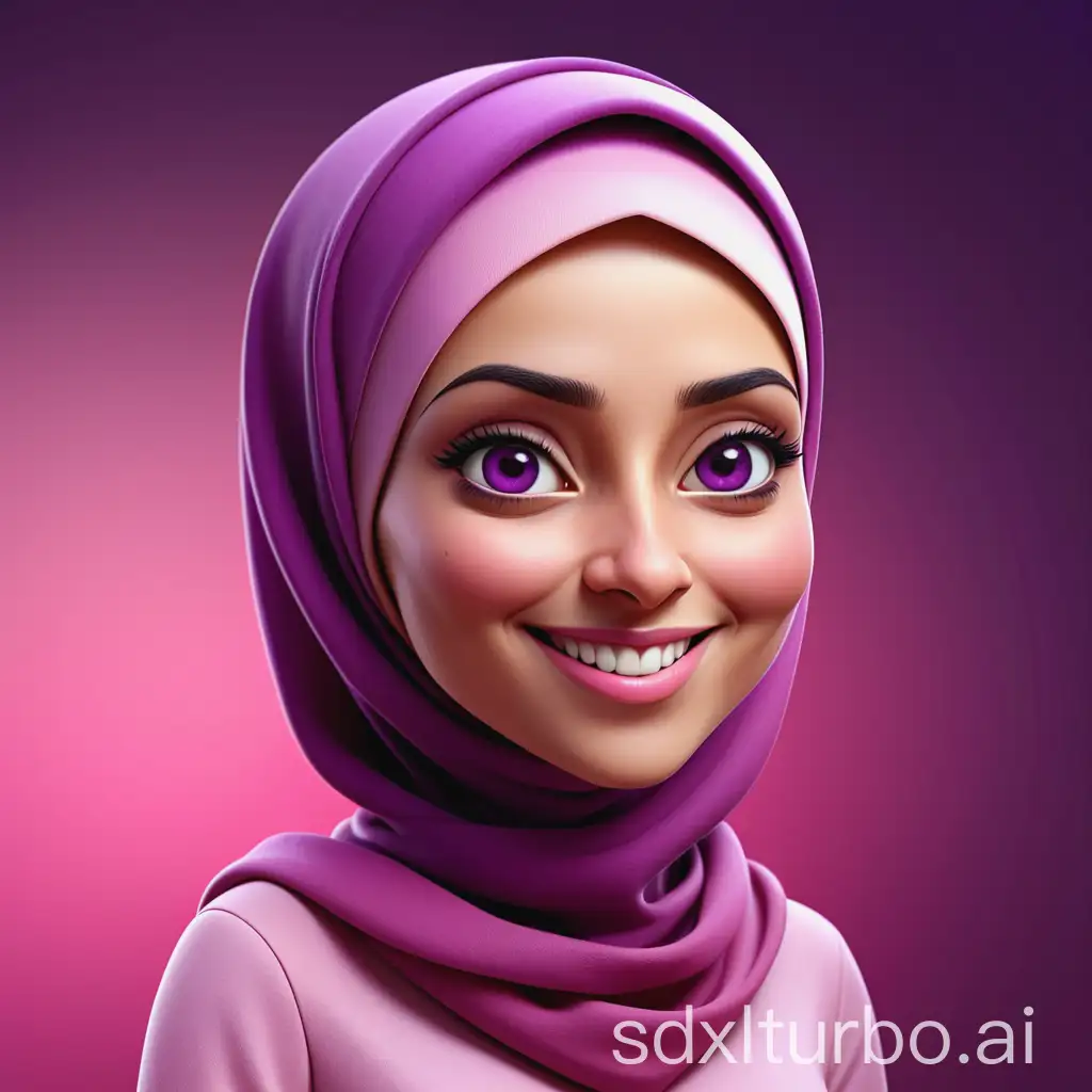 Smiling-Woman-in-Purple-Hijab-and-Pink-Uniform-Cartoon-Caricature