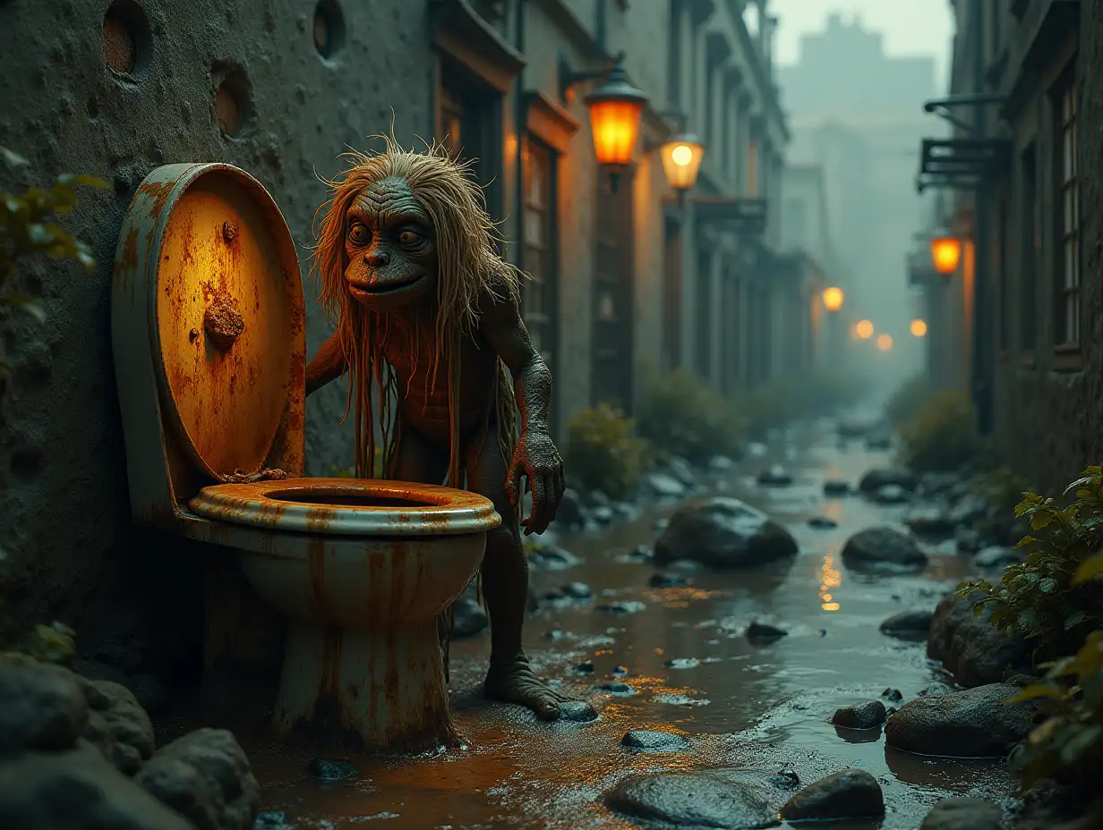 Creating a digital photo of a troll with slime hair, that goes into a building with brown soup worms and illuminated toilet with rust from iron and a river with floating paint fog and rusty lanterns and strange ghastly creatures