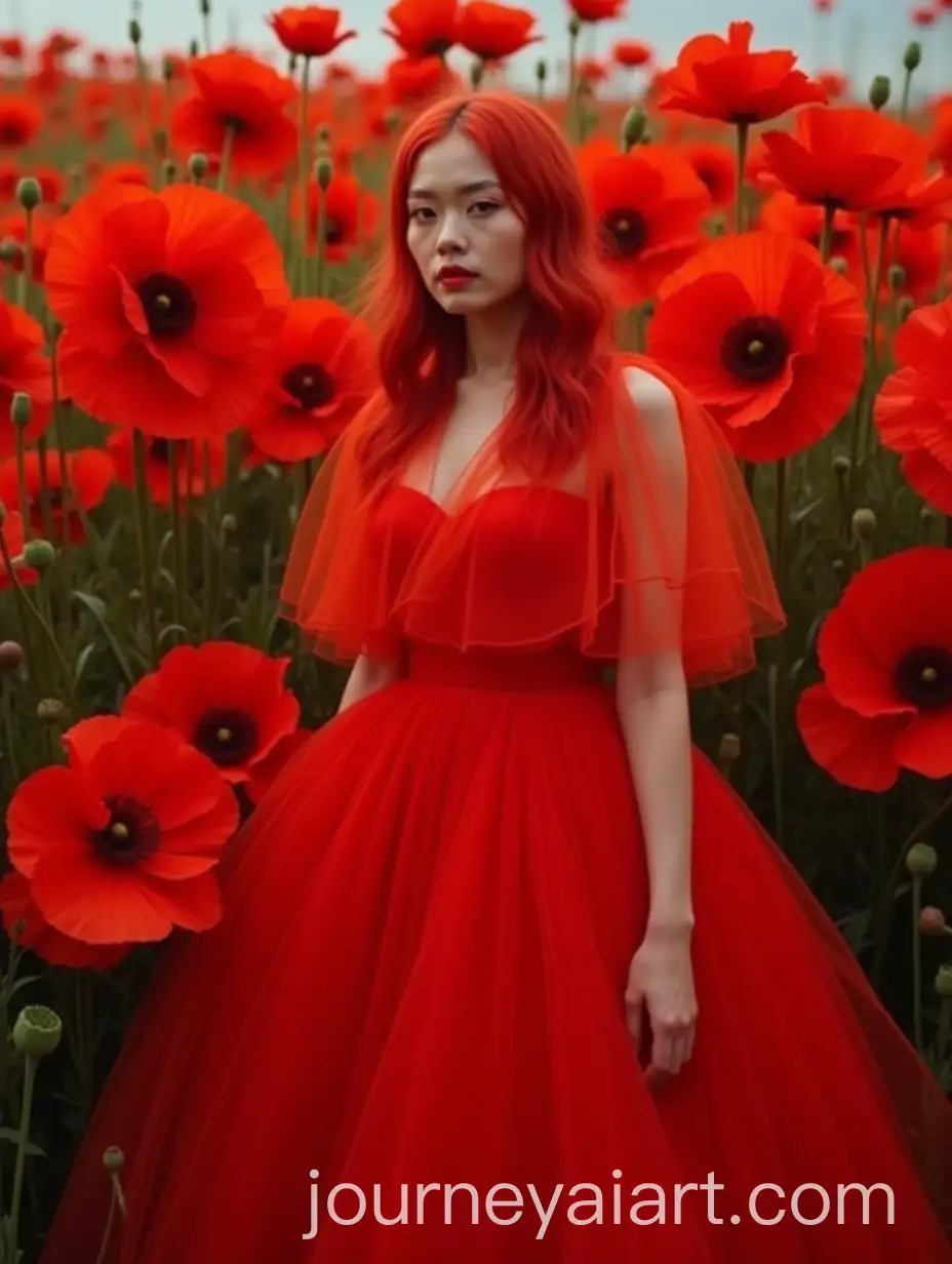 Model-in-Red-MultiLayered-Tulle-Dress-Surrounded-by-Giant-Poppies