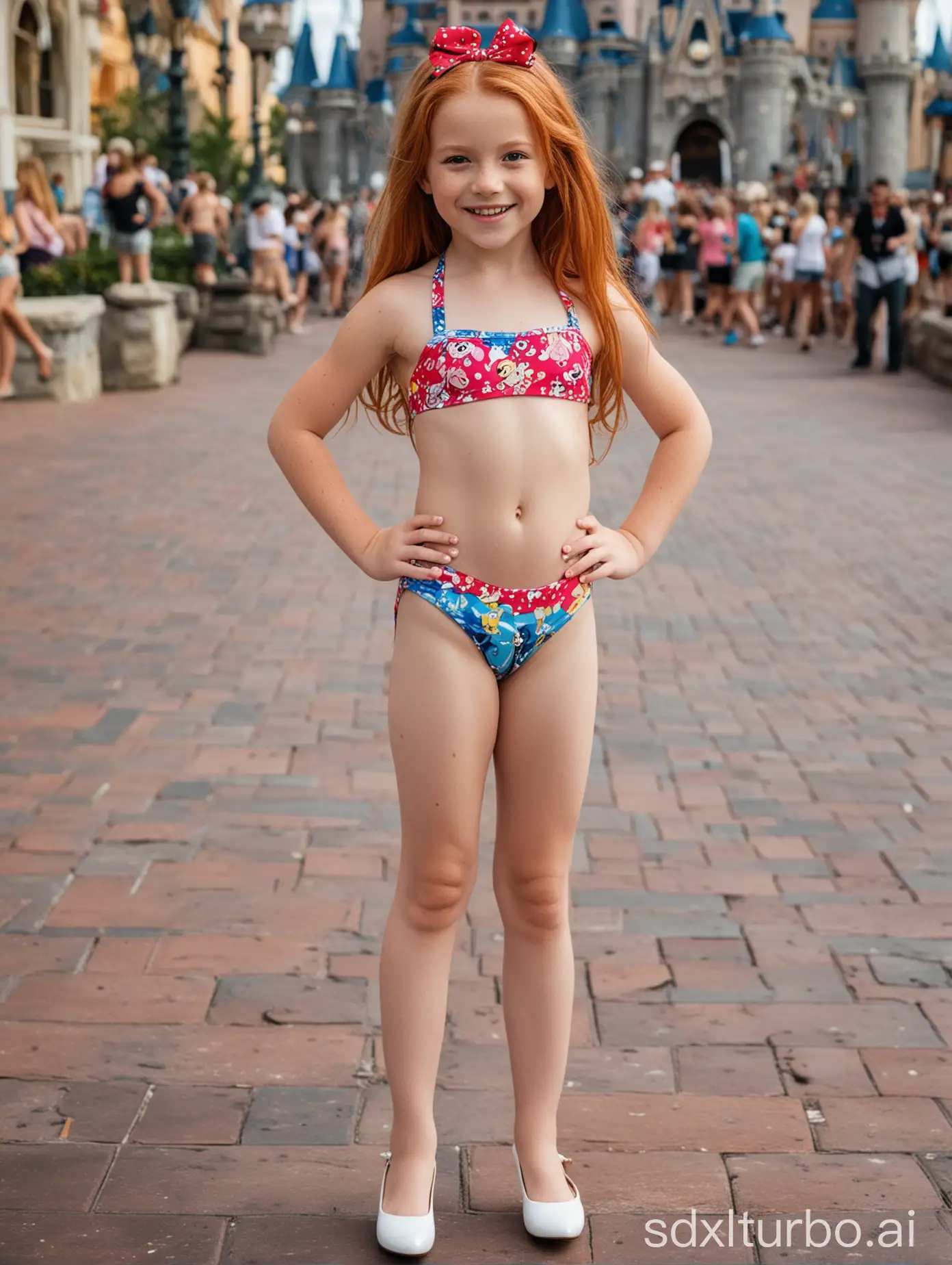 The main subject of the image is a 9-year-old ginger girl. The girl has long hair and wears a children's Disney bikini with white high heels. She has on makeup. Her smile and confidence could be highlighted in her facial expression and posture. The girl is smiling, indicating joy and contentment. She might be posing confidently to showcase her muscular abs, suggesting pride or confidence. The girl is wearing a tiny children's Disney bikini swimsuit, emphasizing her physique and white high heels. The background is Disney World