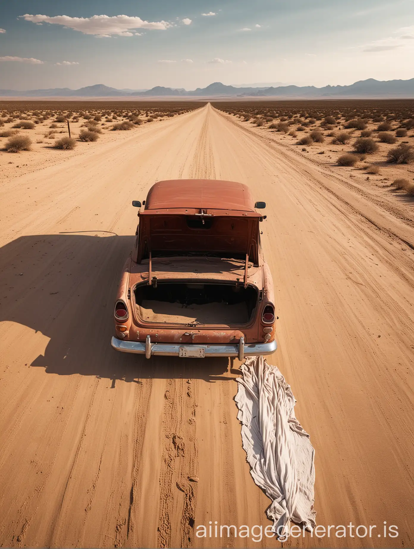 Deserted-Road-with-Rusty-Vintage-Car-and-Covered-Body