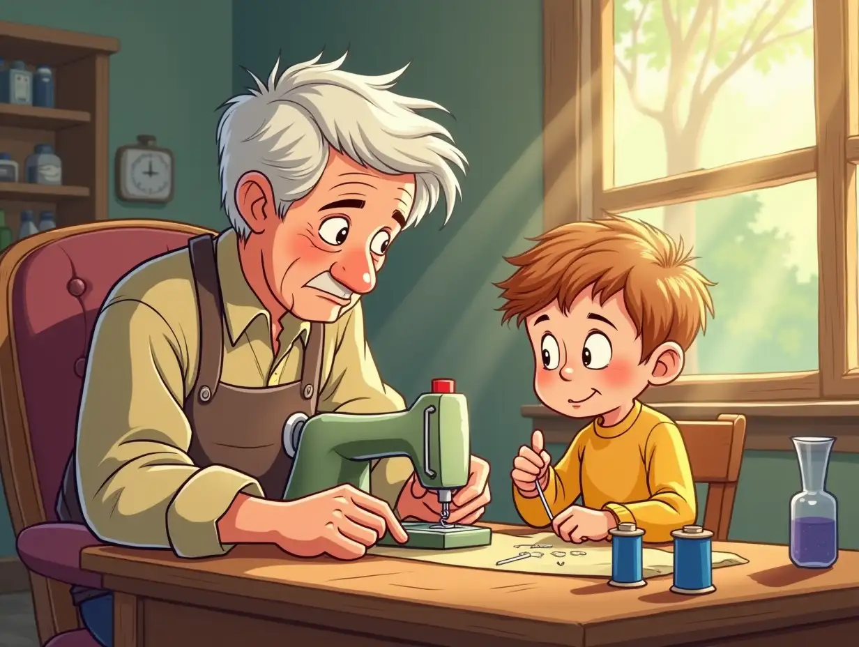 Cartoon. Scene 1: * Place: Tailor's workshop. * Time: Sunny morning. * Grandson: (Sitting next to his grandfather watching a needle and thread) Grandpa, why do you love sewing so much?