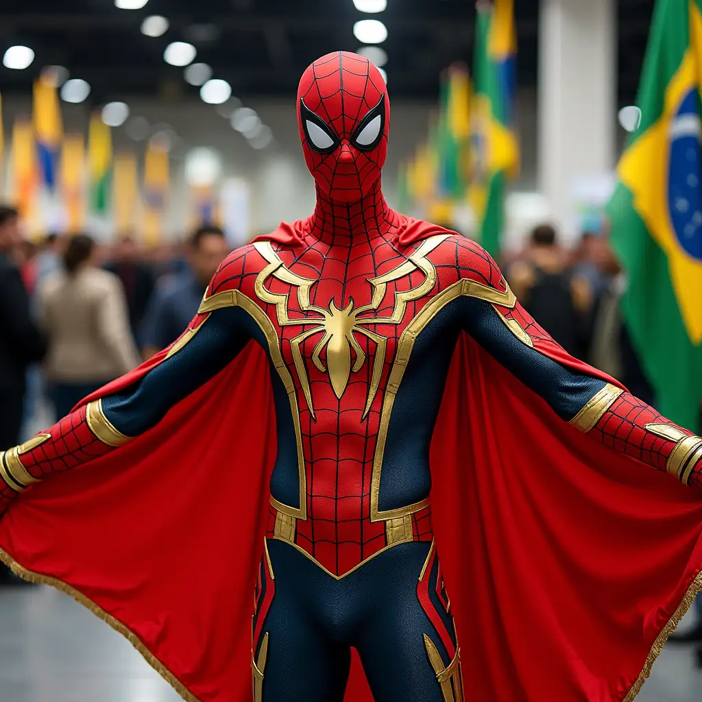 A figure dressed in an elaborate Spider-Man costume with Brazilian influences. The costume is primarily red and gold ,decorated with intricate patterns that include elements of Brazilian art, such as stylized tropical leaves and feathers. The figure is wearing a red mask with expressive eyes, and a vibrant red cape flows dramatically behind them, featuring subtle green and yellow accents that nod to the colrs of Brazil's flag. The setting is an indoor venue , likely a convention or festival in Brazil, with flags and festive decorations  in the background. The figure stands proudly , presenting this culturally-infused Spider-Man costume.