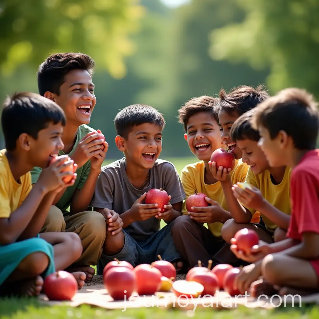 Group-of-Boys-from-Diverse-Backgrounds-Laughing-Together-in-a-Park-Eating-Apples