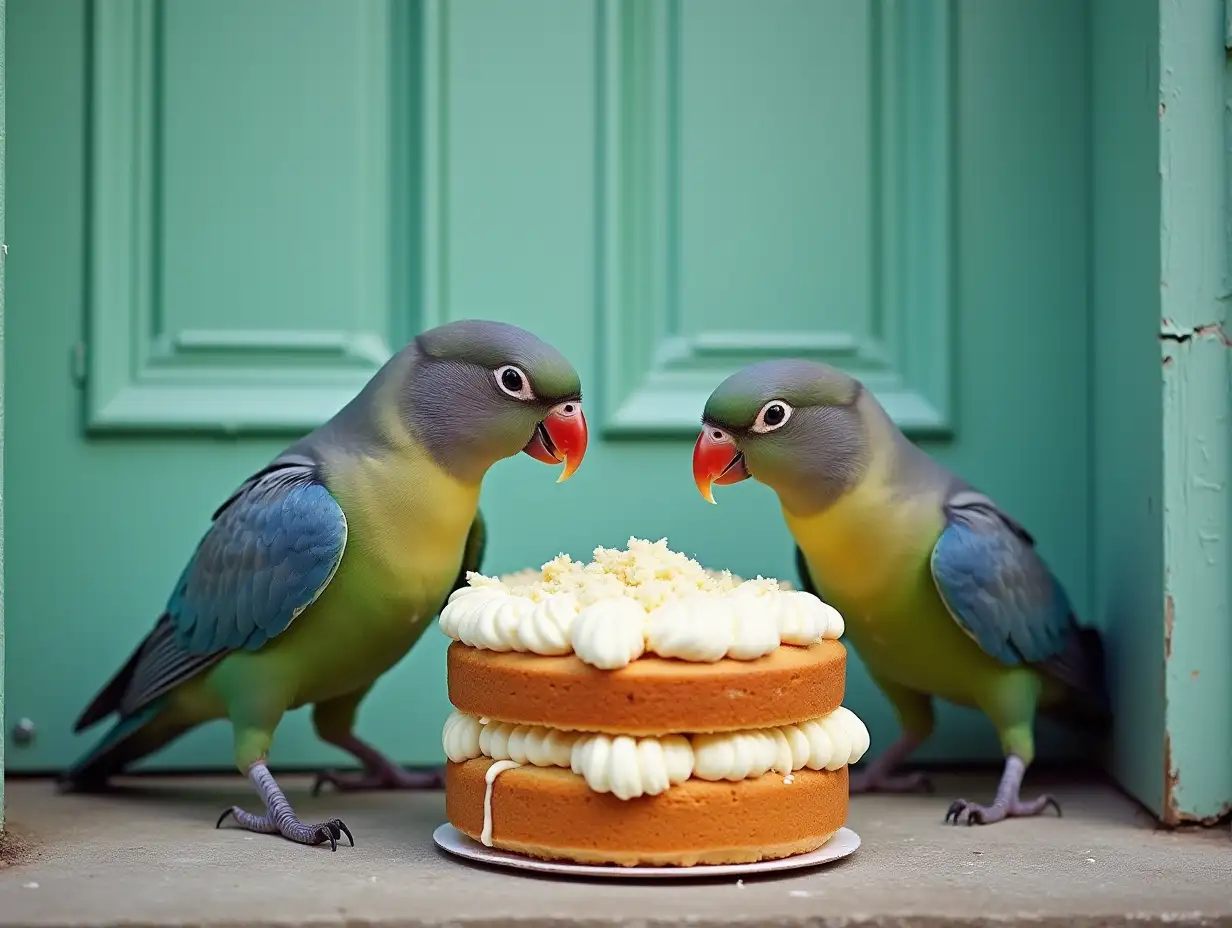 Two-JackAI-Art-Prompt-Expansiondaws-Eating-Sponge-Cake-on-Doorstep-with-Mint-Green-Door