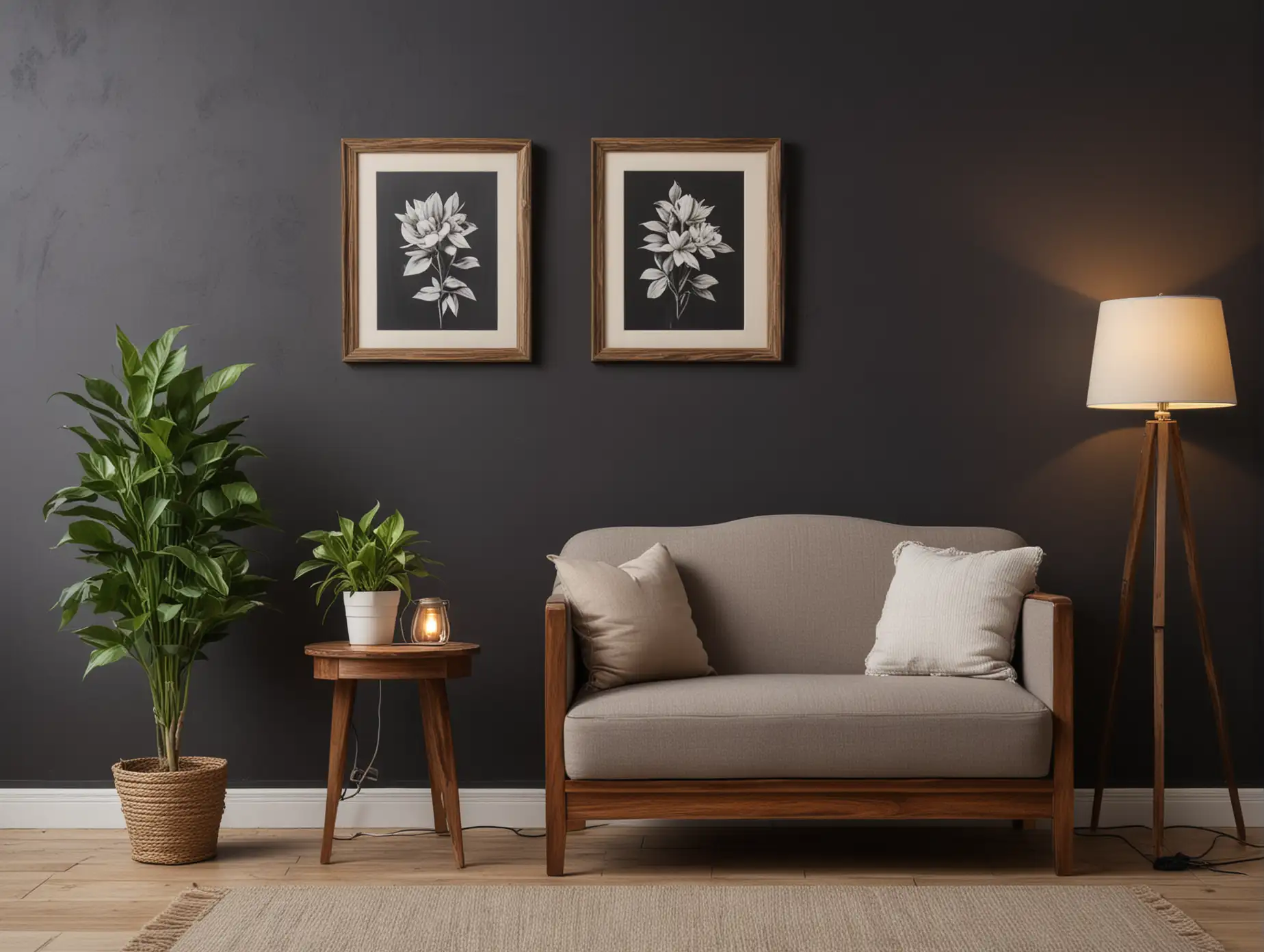 8x10 wood picture frame on blank dark wall with loveseat lamp table plant