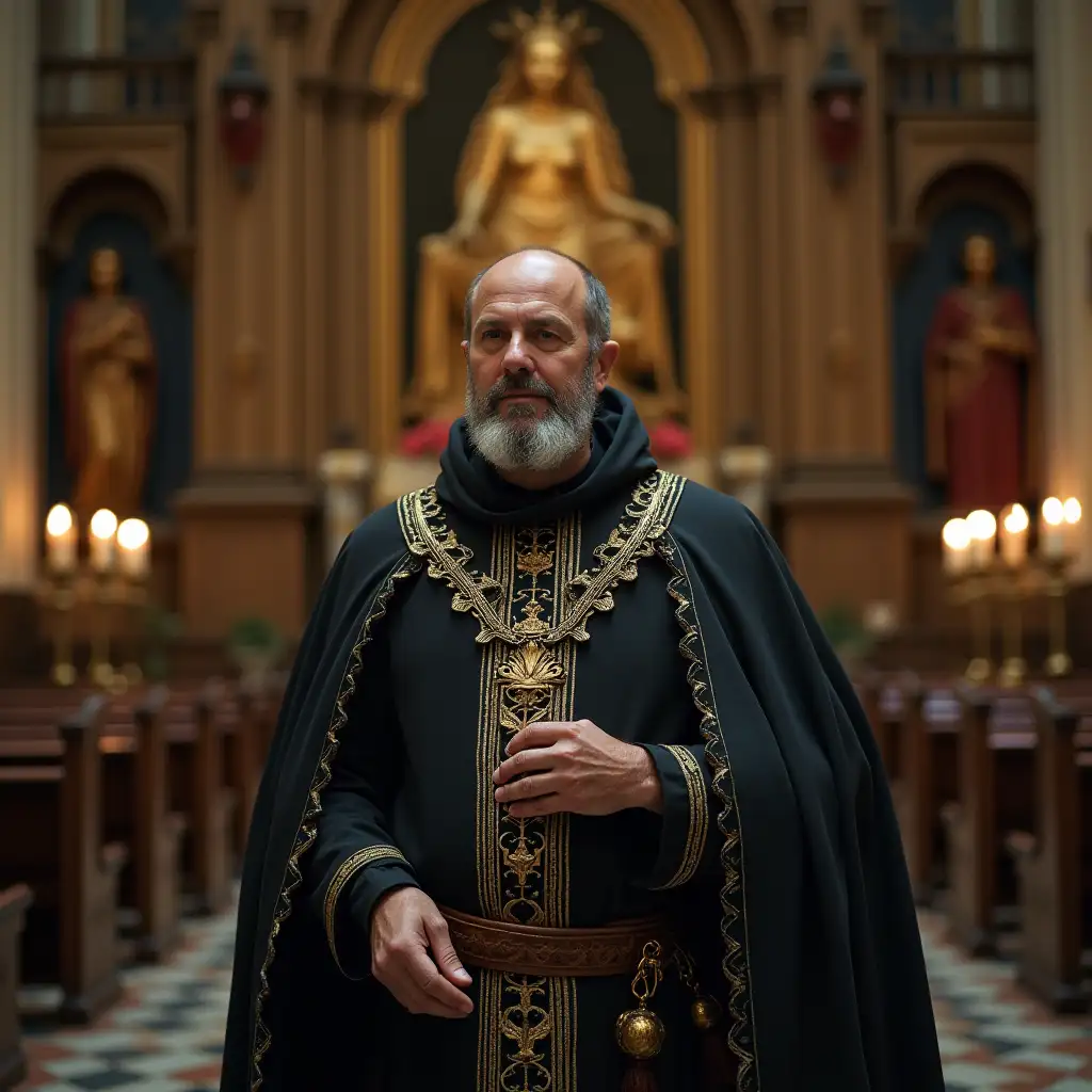 A medieval priest stands in front of a church altar of a sea goddess, Photo portrait