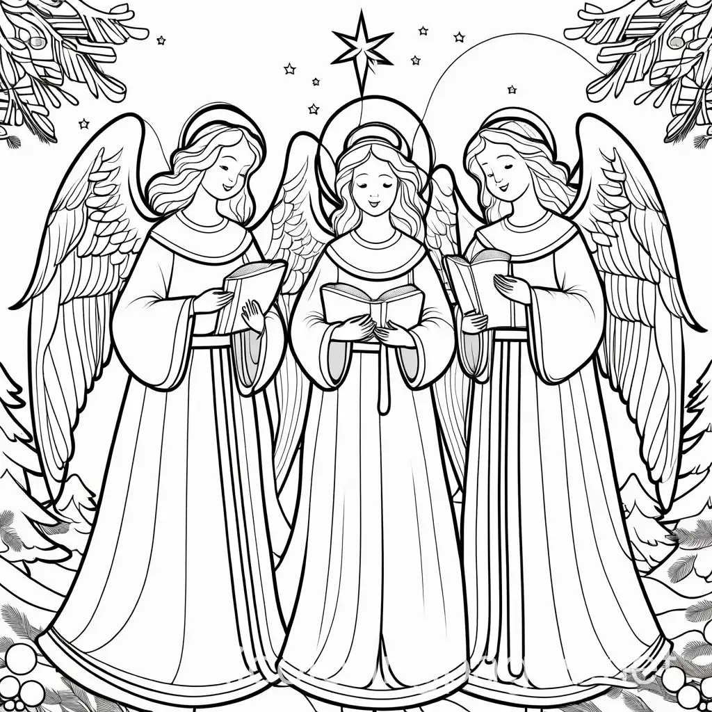 Line art, colouring for adults Christmas background Angels singing Christmas carols, Coloring Page, black and white, line art, white background, Simplicity, Ample White Space. The background of the coloring page is plain white to make it easy for young children to color within the lines. The outlines of all the subjects are easy to distinguish, making it simple for kids to color without too much difficulty