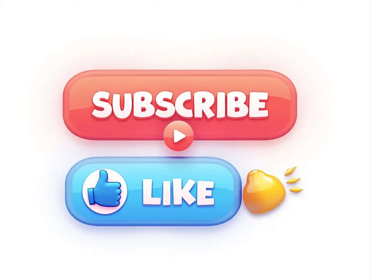 A high-quality, vibrant PNG graphic of a 'Subscribe & Like' button in an animated style. The design should feature a glowing red 'Subscribe' button with a white play icon, a blue thumbs-up 'Like' button, and a ringing bell icon for notifications. The buttons should have a 3D effect with smooth gradients, shadows, and a glossy finish. Add a dynamic motion blur or cartoon-style action lines to imply clicking animation. The background should be transparent.