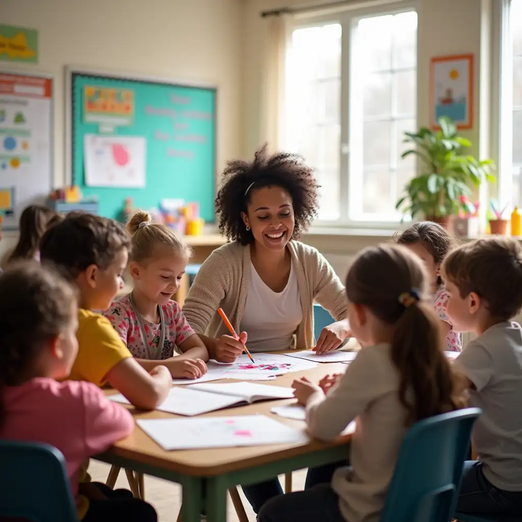 Sunlit-Classroom-Engaged-Children-and-Teacher-in-Creative-Activities