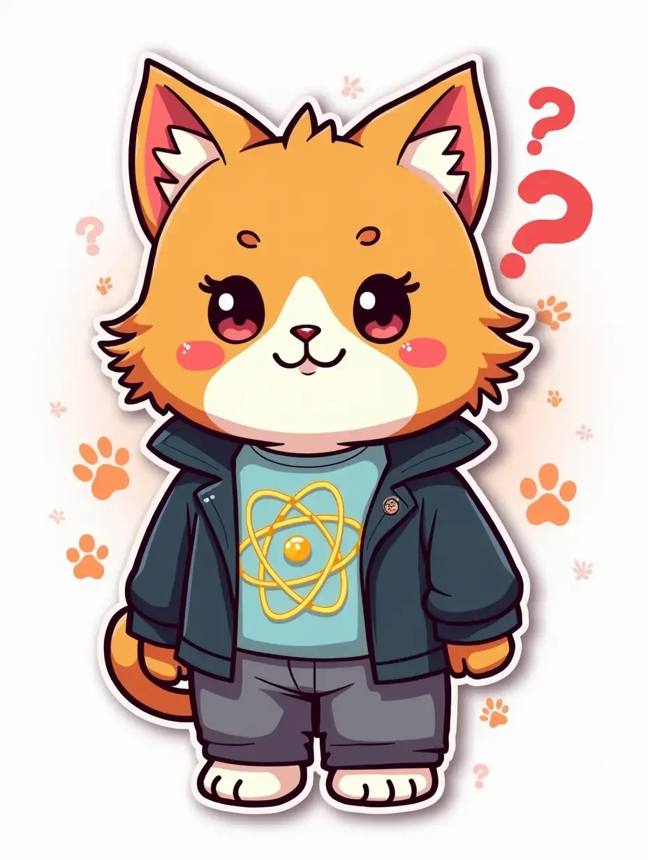 A curvilarly cut sticker depicting a kawaii positive fluffy little cat in office clothes with an atom symbol on t-shirt.  The face and pose express the emotion of thoughtfulness, the large question mark symbol in the background emits a glow. vibrant and dynamic die cut sticker design top-view, high resolution, vector art, white background, paint in anime style