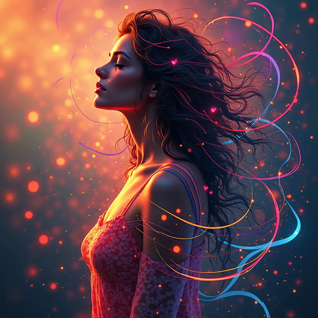 romantic album cover, beautiful woman's fading colorful silhouette, musical vibes are visualized as a colorful flow of intertwining lines, enveloping the woman and flowing further away