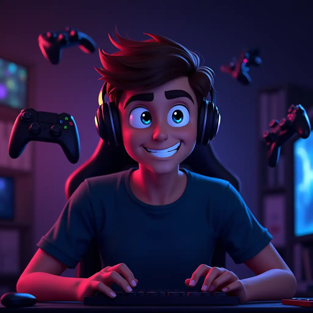 Animated-Gamer-Focused-on-Video-Games-with-Flying-Controllers-and-Keyboards