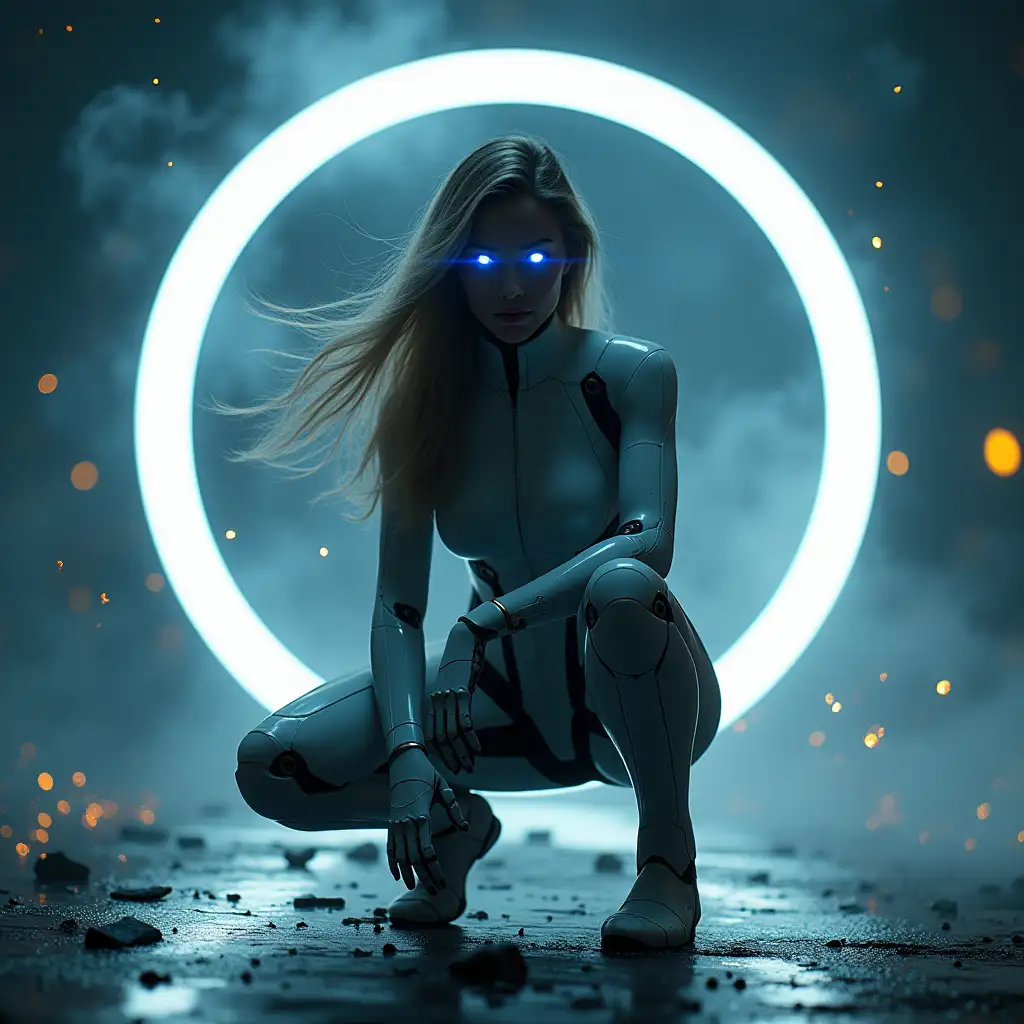 In a breathtaking 8K wallpaper, a stunning female android combatant from the future crouches on one knee within a circle of light, her beautiful face staring directly at the viewer. Her long hair gently floats in the wind as particles of light swirl around her. With a subtle dynamic pose, she raises her right knee, exuding an air of power and readiness. The massive discharge crackling behind her enhances the cyberpunk atmosphere. Up close, her detailed hands and face are rendered in photorealistic 2.0 quality, with piercing blue glowing eyes that seem to pierce through the darkness. A masterpiece of cinematic experience, this stunning image transports the viewer into a world of high-tech fantasy.