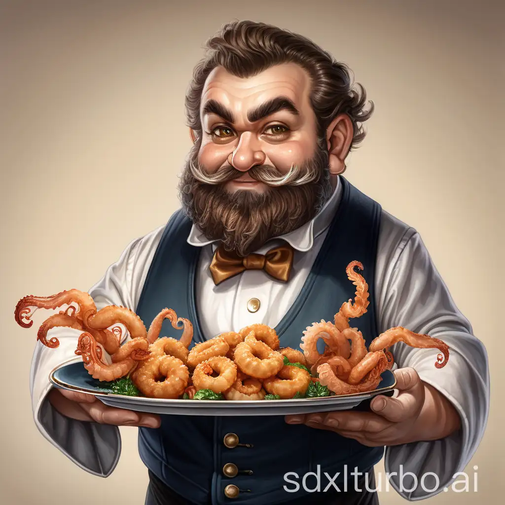 A bearded dwarf waiter, holding a dish of fried squid in its hands, offering it to the viewer