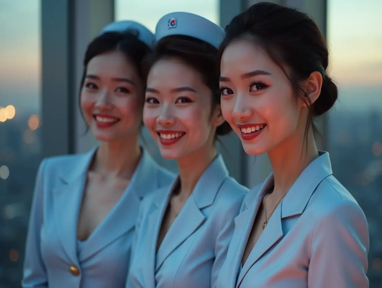 Three-Gorgeous-Korean-Airlines-Flight-Attendants-in-Powder-Blue-Uniforms-at-a-Luxury-Penthouse-Party-in-Shanghai-at-Dusk