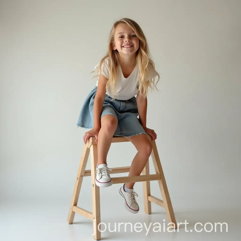 Blonde-Schoolgirl-Climbing-Ladder-in-Photography-Studio