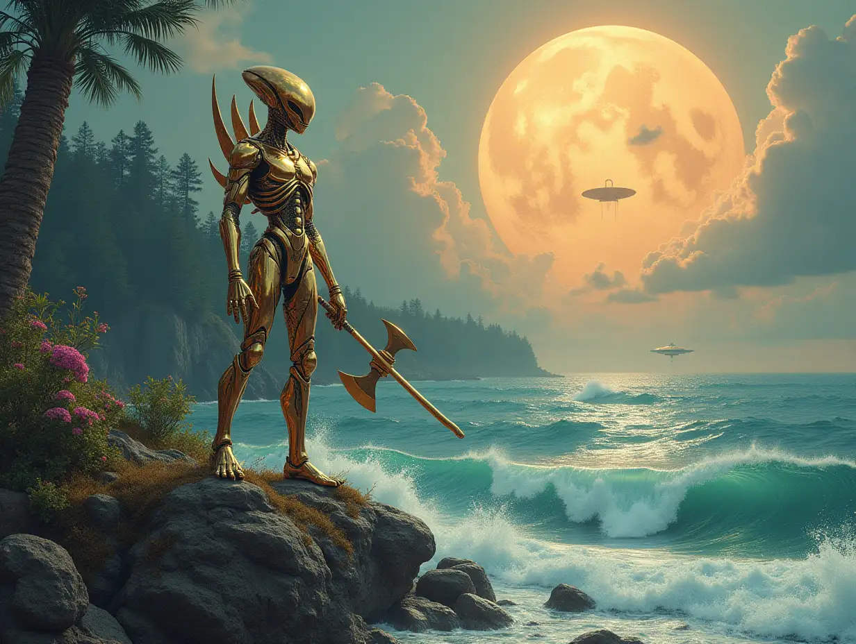 Hyperrealistic portrait of a 15 meter tall metal alien king, gold-silver with an ax in the sea with waves on a rock with plants, which are detailed and colorful, forested planet with sun and ufo background