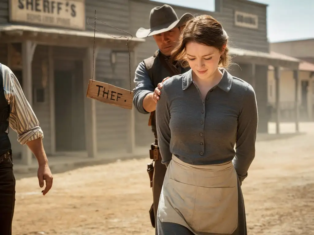 Woman Exiting Sheriffs Office in 1800s Western Town with Cowboy Escort