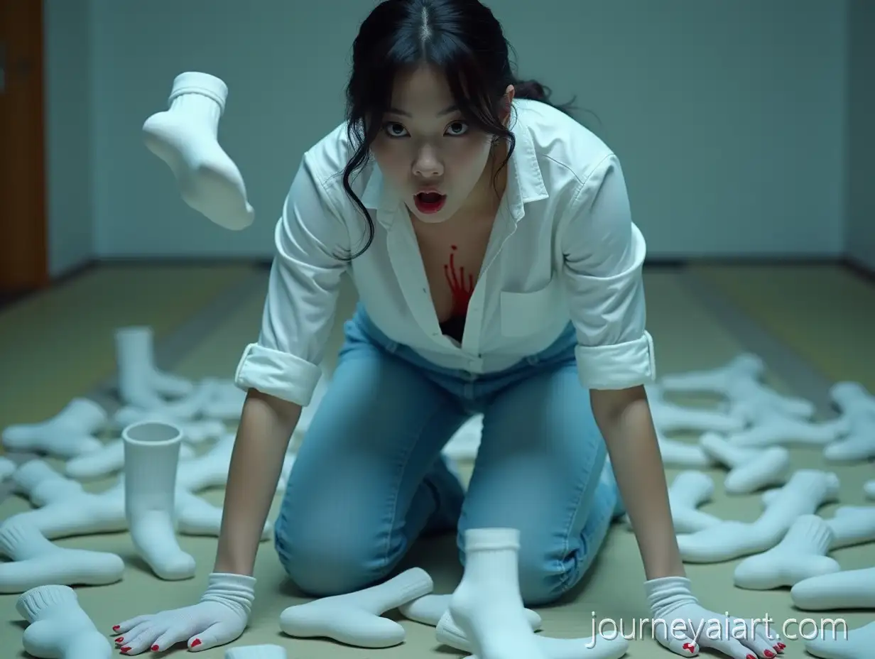 Female-Secret-Agent-Kneeling-on-Tatami-Mat-with-Red-Stains-and-Floating-White-Socks
