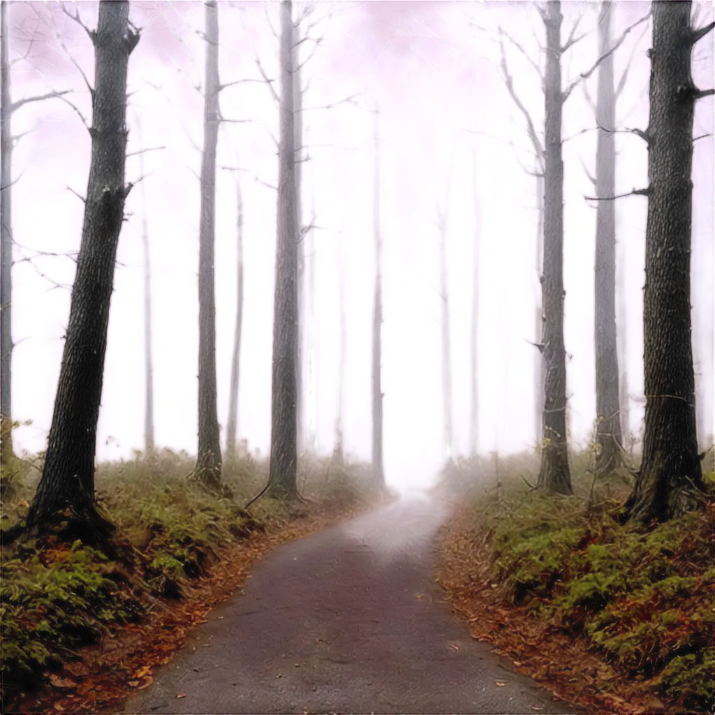 Creepy forest path with fog and ghostly spirits floating between the trees