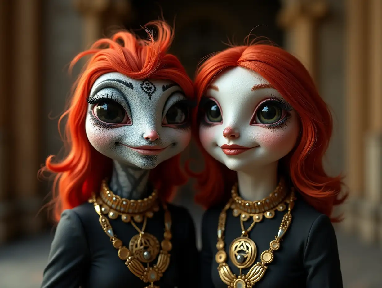 Two young black and white pattern Older Parrot with Alien Face, with red hair, with a light smile on his face, emphasizing her smile, modern retro jewelry, in a temple much Gold different shades 4k