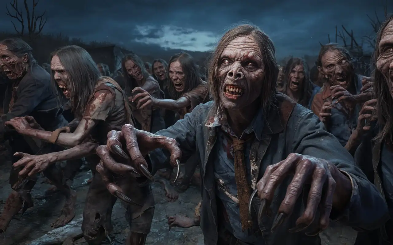 A terrifying crowd of ugly, rotten zombie and zombie women creatures stretches out their long- pointed fingernailed like claws hands, Hyperrealism, cinematography, high detail, photorealistic, high quality, photorealistic, aggressive, gloomy atmosphere, realism, minute details, detailed nails, horror, atmospheric lighting, full anatomical study, photorealism, detail, texture, gloomy, frightening, night scene, tense, creepy, undead, creepy, sinister, atmospheric lighting, nightmare, grotesque, horror, realistic anatomy