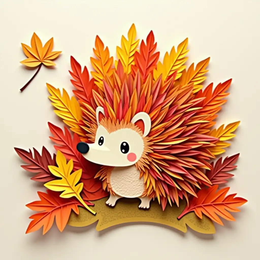 Whimsical Handmade Paper Card with Autumnal Hedgehog and Leaves