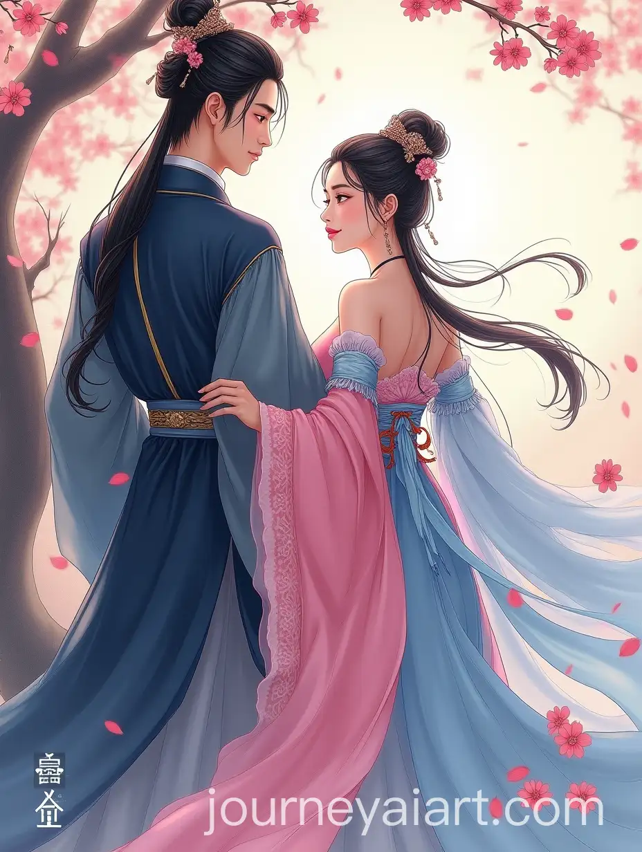 Romantic-Xianxia-Scene-with-Girl-in-Pink-and-Blue-and-Man-in-Black-Hanfu