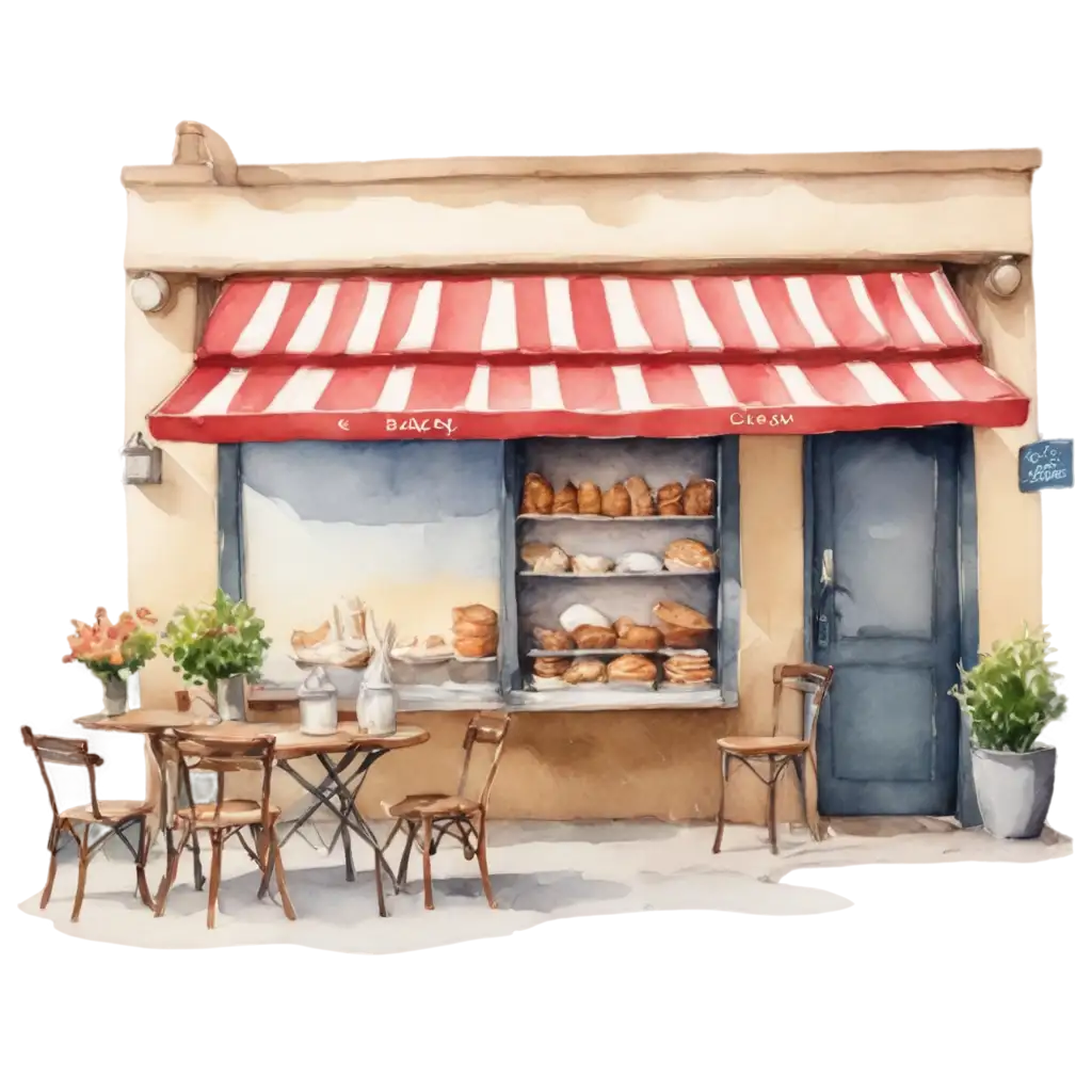 PNG-Watercolor-Illustration-of-The-Little-Delight-Bakery-in-France-Outdoor-Charm-and-Bakery-Delights