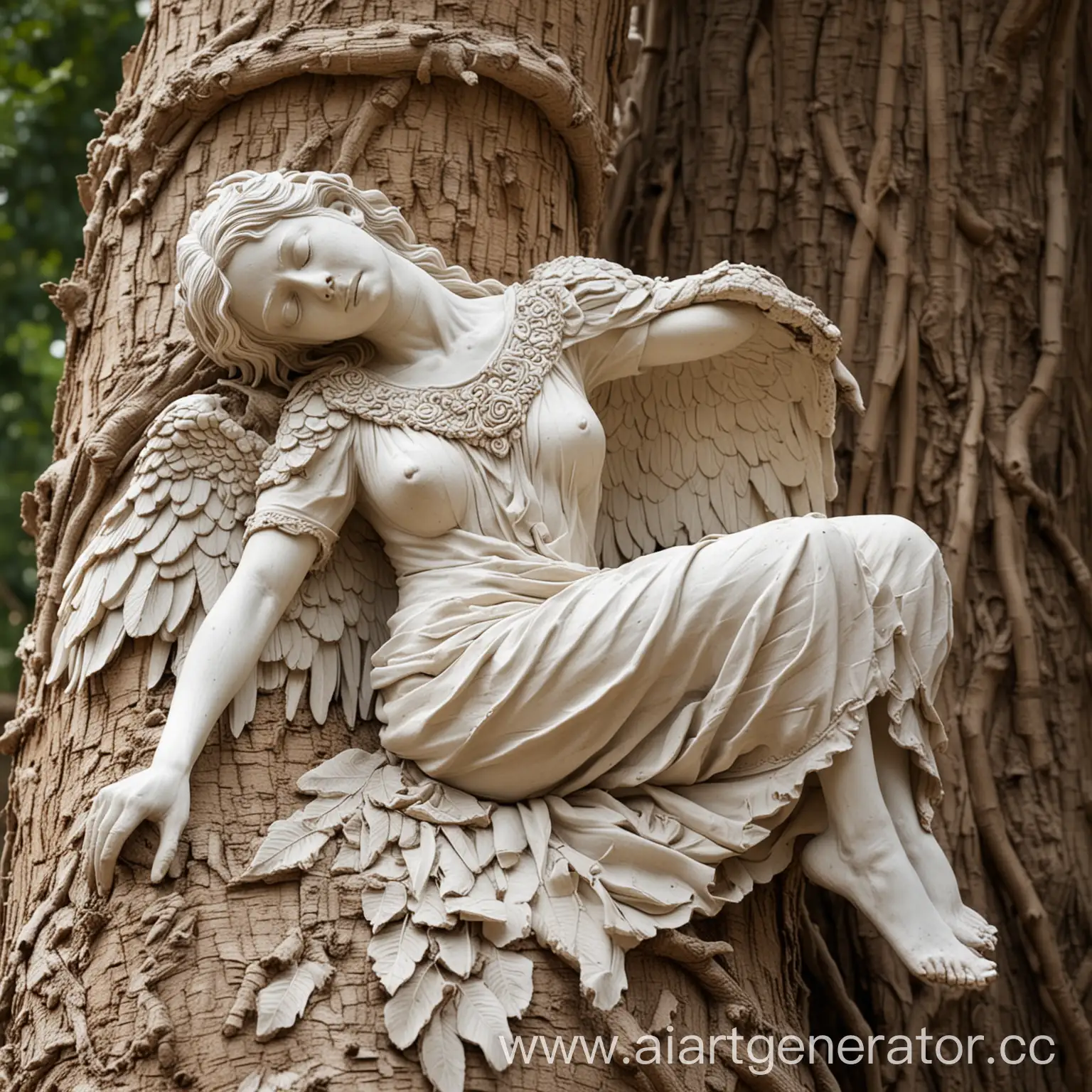 Broken-Winged-Statue-Resting-on-Clay-Tree-Trunk