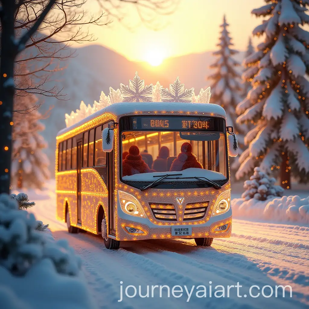 Magical-Ice-Bus-Driving-Through-a-Snowy-Fairy-Tale-City-at-Sunset