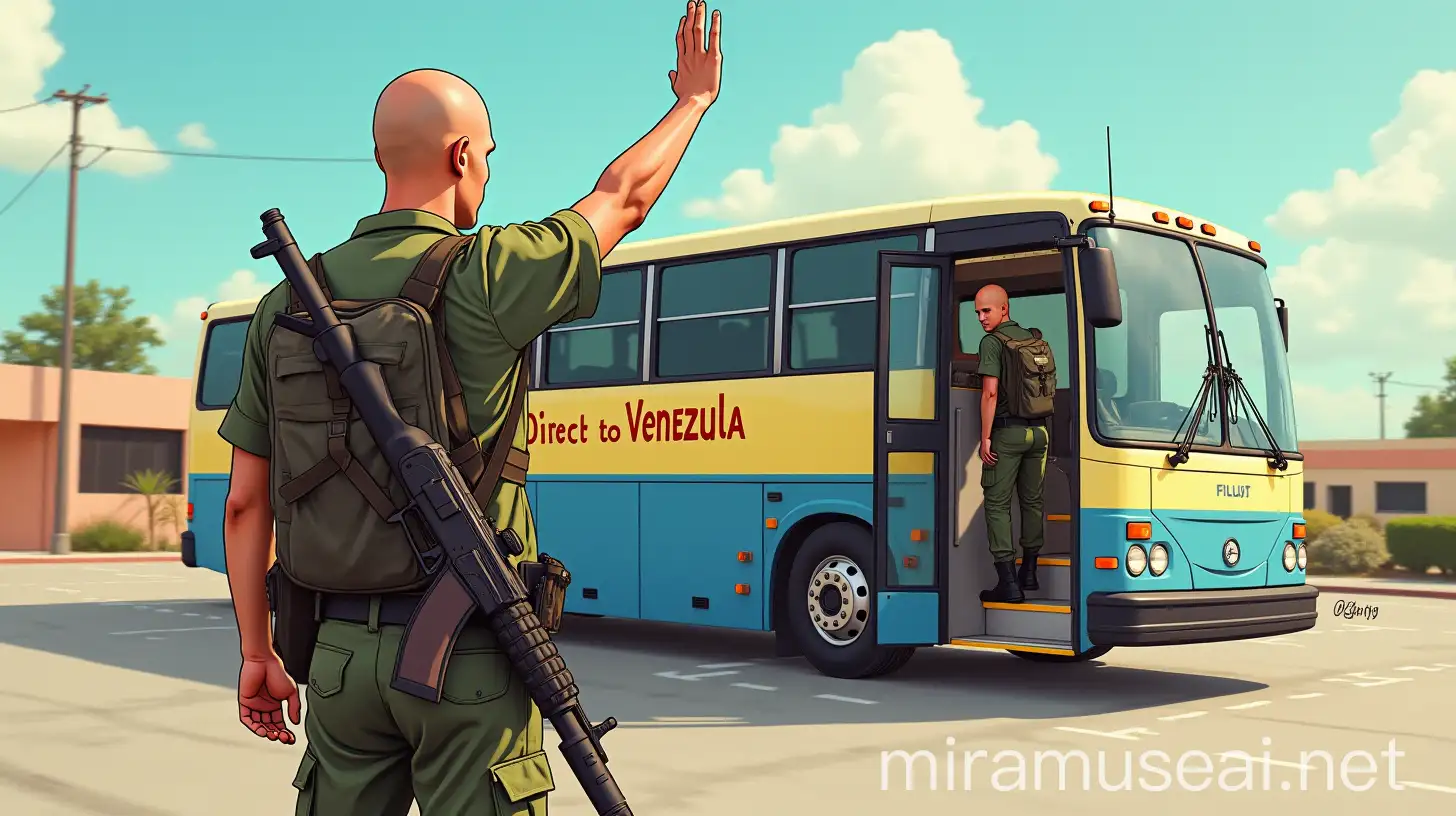 Young Bald Man in Guerrilla Uniform Boarding Bus to Venezuela