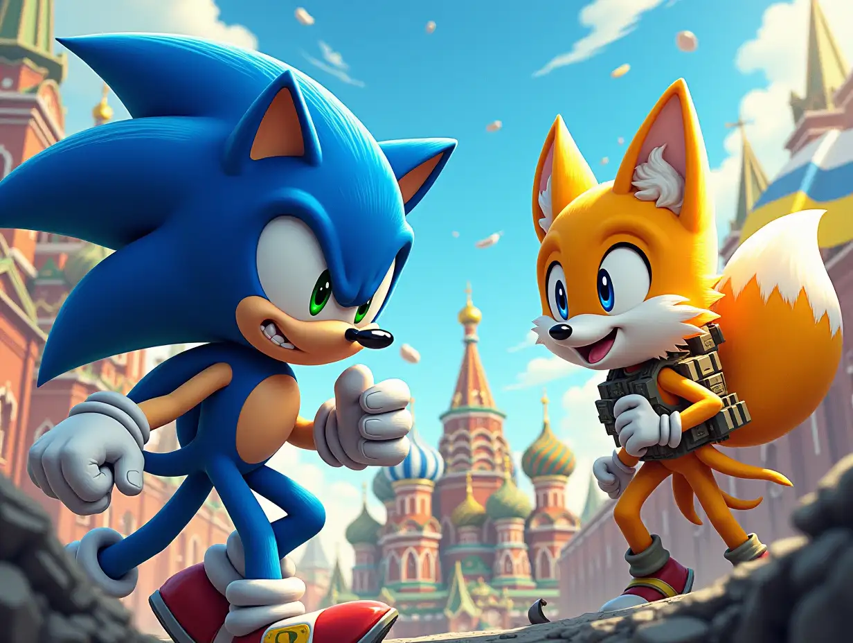 Depict Sonic and Fox attacking Vladimir Putin on a level inspired by Red Square, with the scene rendered in blue and yellow (the colors of the Ukrainian flag). The environment shows military equipment, wreckage, and symbolic details amidst intense combat.