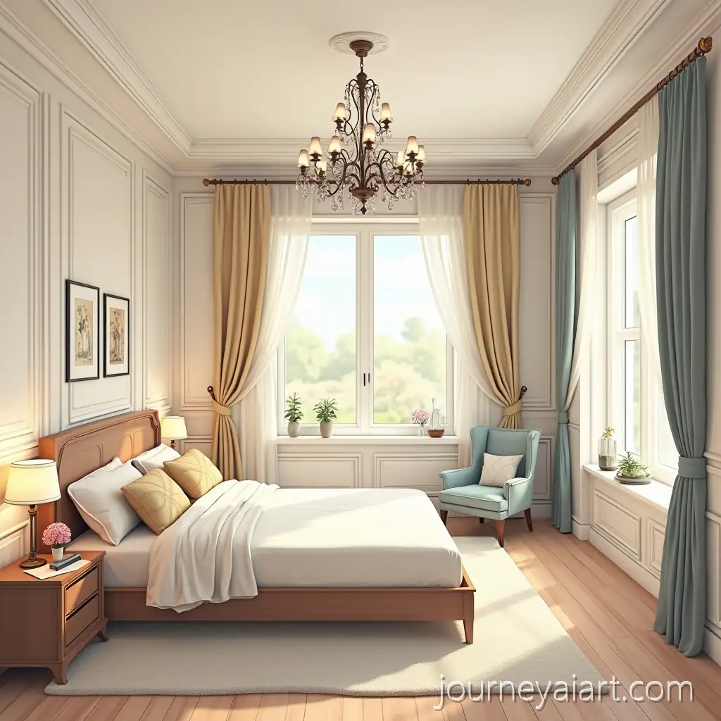 Sunlit-Cozy-Bedroom-with-Elegant-Chandelier-Armchair-and-Classic-Decor