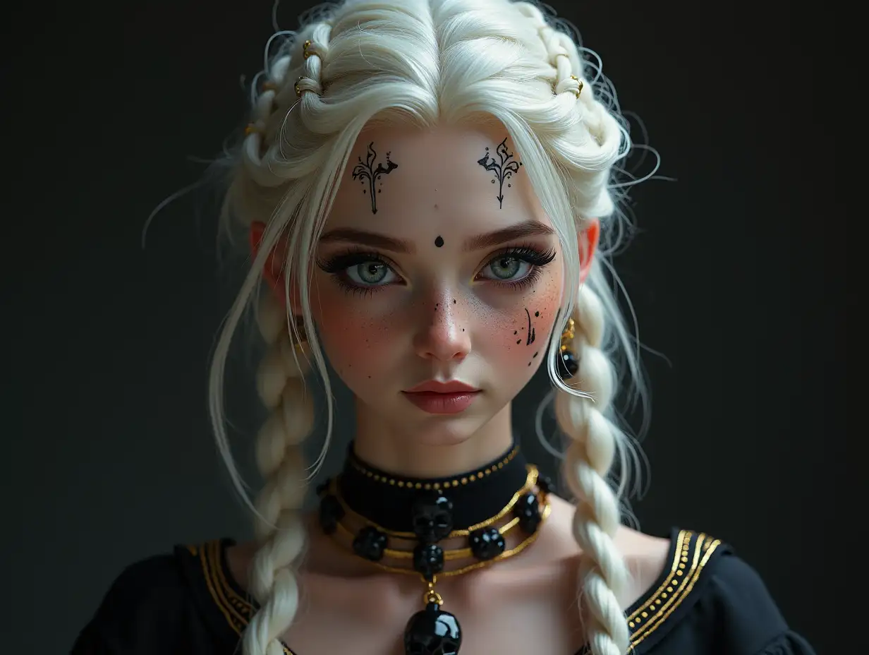 Princess black and white braids with white hair, freckles with necklace of black skulls, with golden shoes