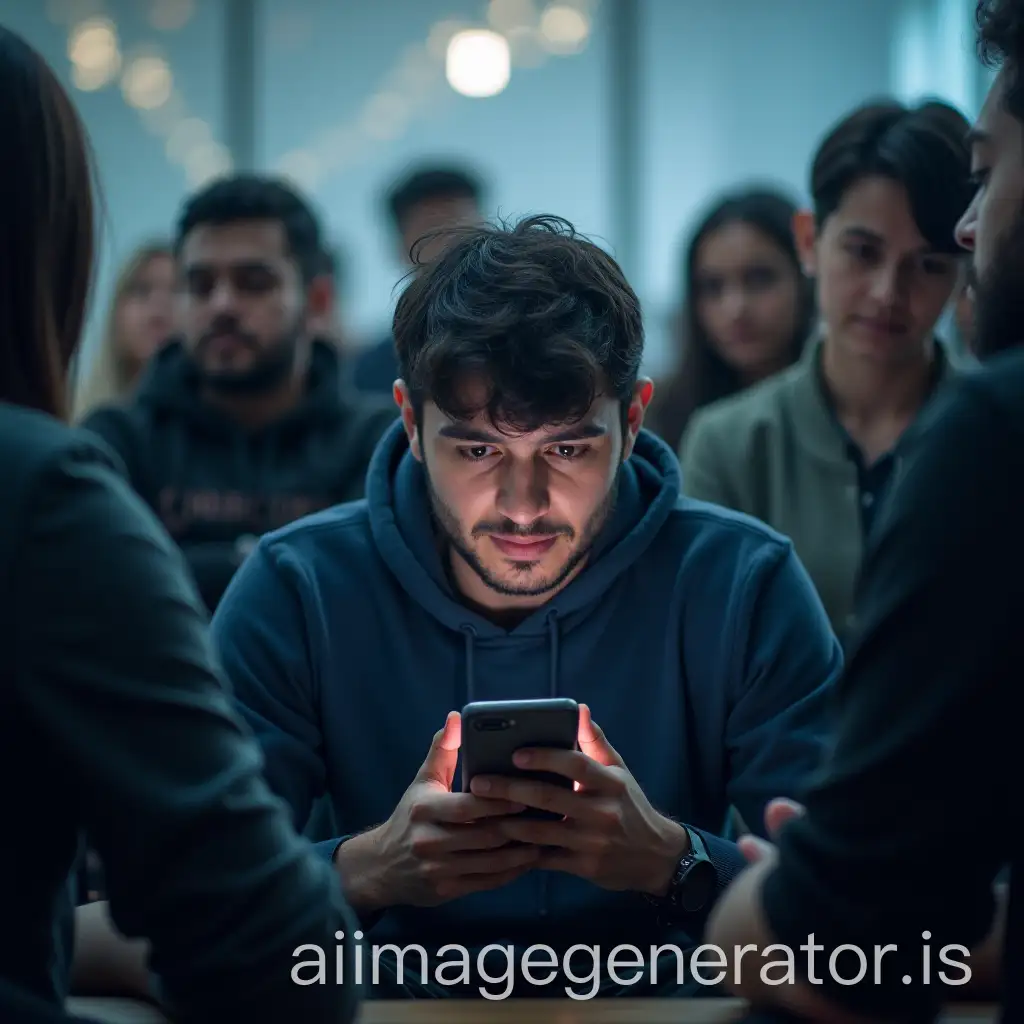 Person-Isolated-in-a-GroupAI-Art-Prompt-Expansion-Engrossed-in-Phone-While-Others-Remain-Detached