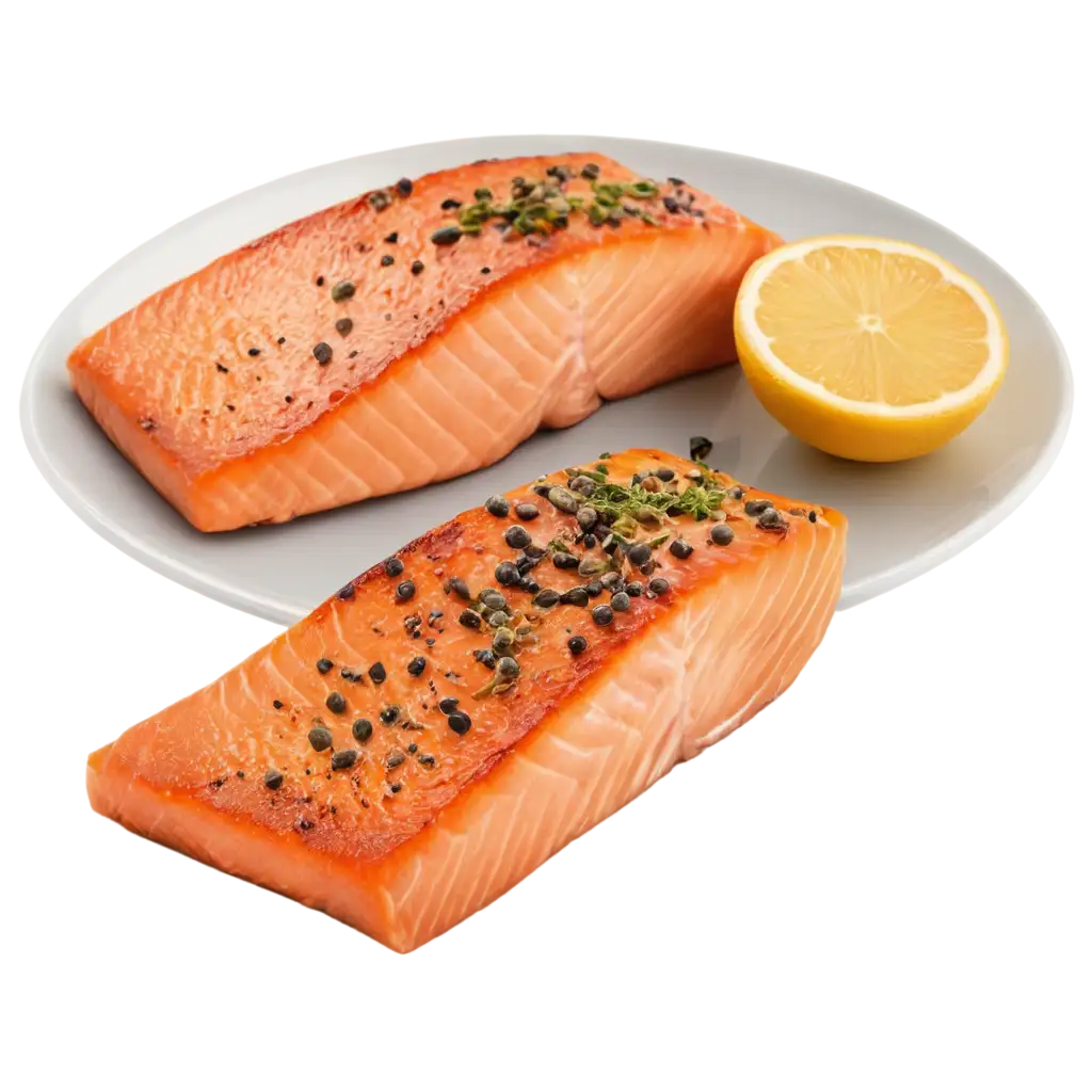 Juicy salmon steak  seasoned with  spices, beautiful white plate decorated with lemon, depth of field, diffused lighting, super-resolution, vivid, perfect baste –q 2