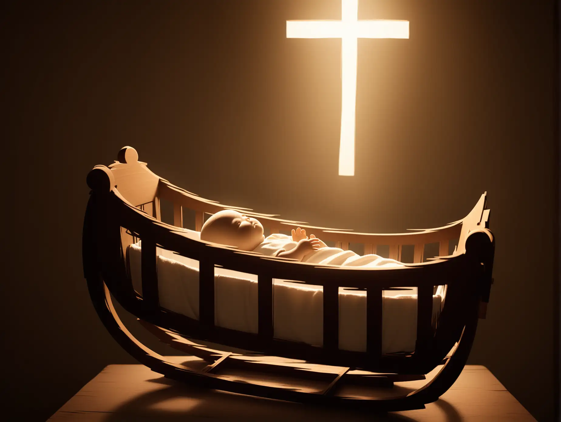 A serene scene of a wooden cradle with a small, delicate cross gently placed at the head of the cradle, symbolizing the mother’s protection and blessing. The cradle is softly illuminated by warm, golden light, creating a peaceful and reverent atmosphere. A faint silhouette of a mother’s hand or figure is seen near the cradle, showing her gentle, loving presence. The background is blurred and muted, focusing attention on the cradle and cross, evoking a sense of comfort, warmth, and devotion.