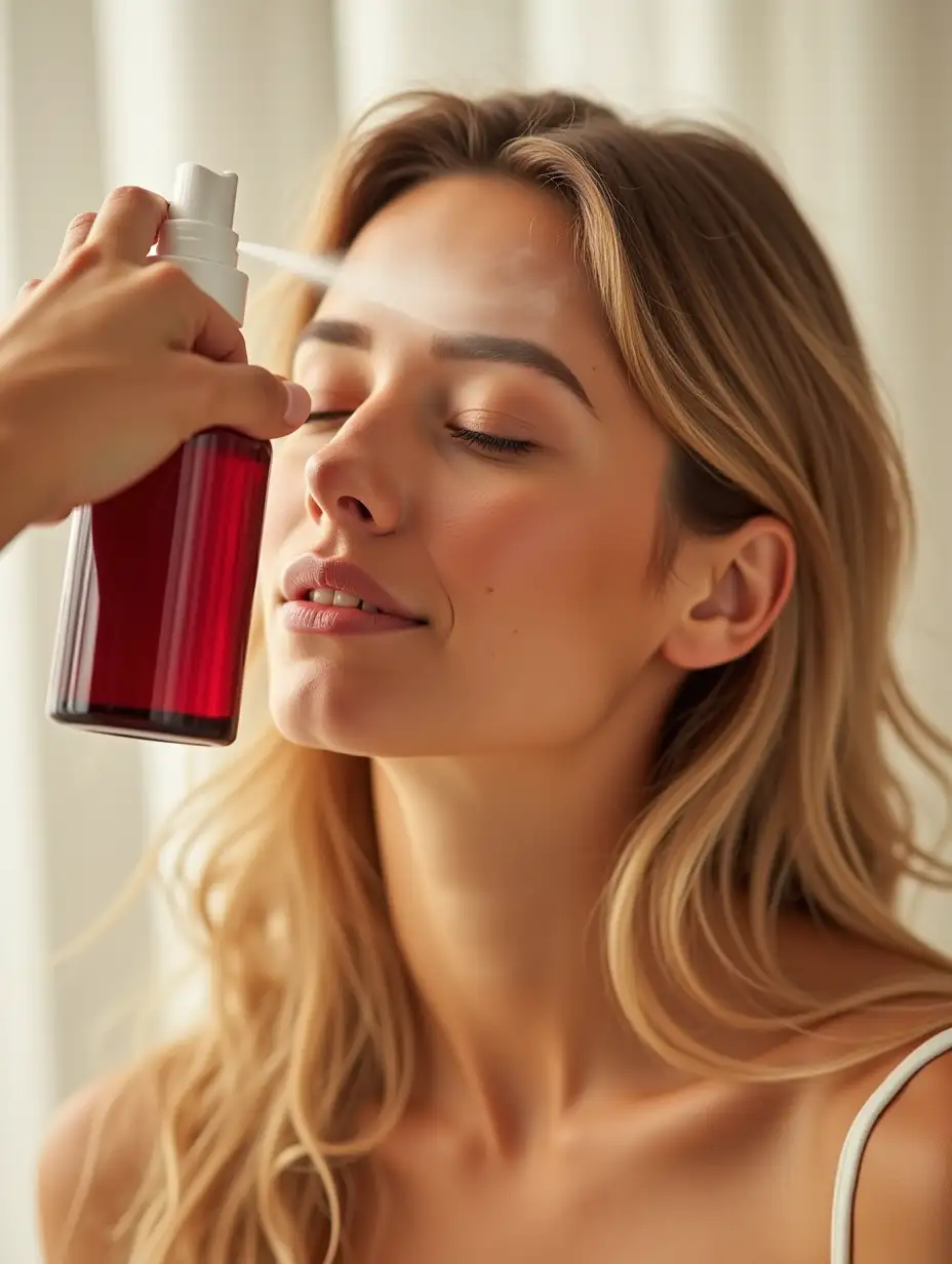 A close-up of a woman with soft, wavy hair and glowing skin, eyes gently closed, as she enjoys a refreshing facial mist being sprayed onto her face. The mist bottle is a deep red with a sleek white spray cap, held by a hand in the frame. The background is clean and minimalistic in soft white tones, highlighting the serene and luxurious moment. The lighting is diffused and warm, enhancing the natural glow of her skin and the premium feel of the skincare product. The overall vibe is calming, fresh, and indulgent.