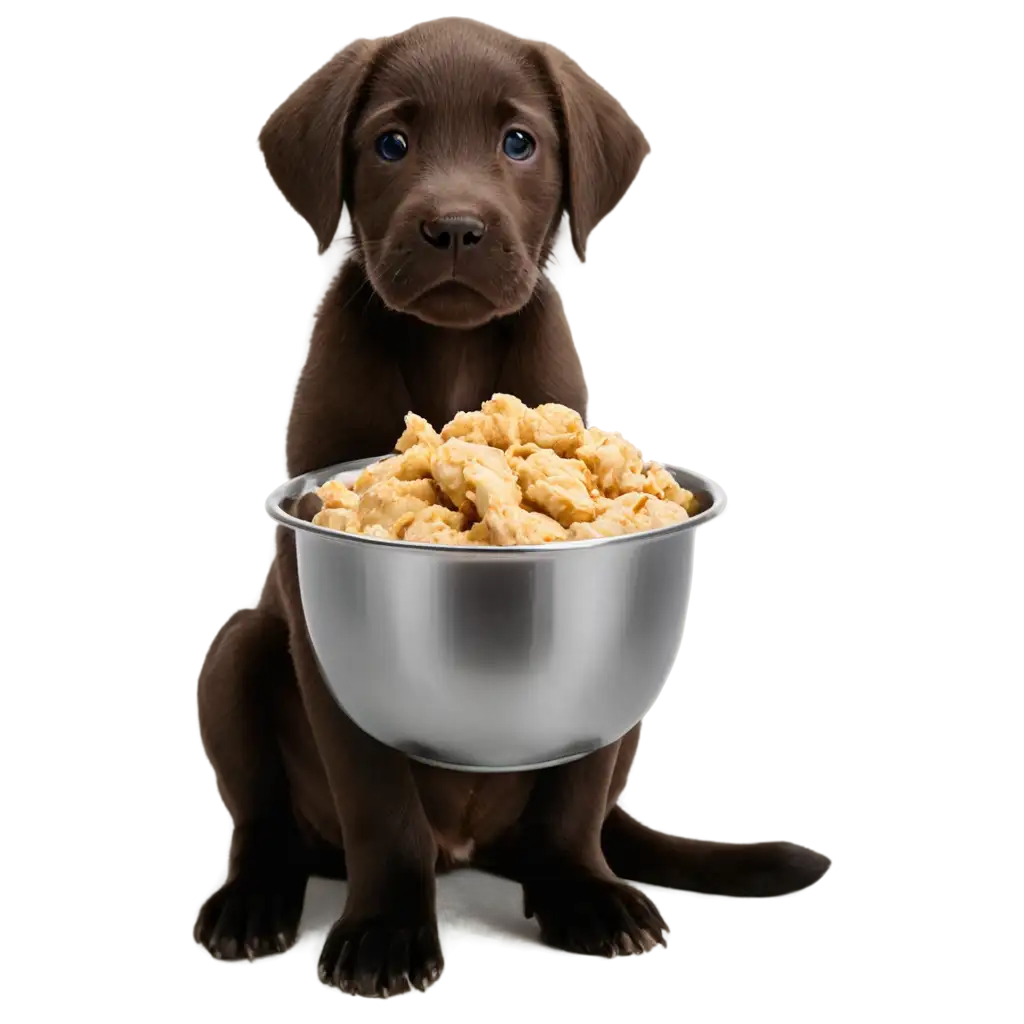 SEOOptimized-PNG-Image-Labrador-Puppy-Eating-Chicken-in-a-Steel-Bowl-at-Home