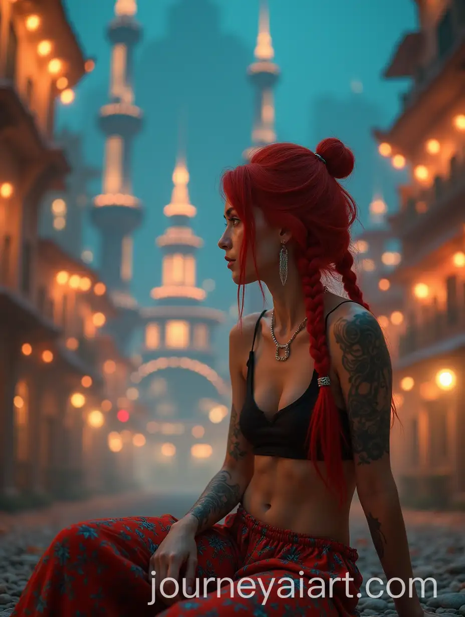 Young-Woman-with-Red-Hair-Contemplating-in-a-Fantastical-Urban-Landscape