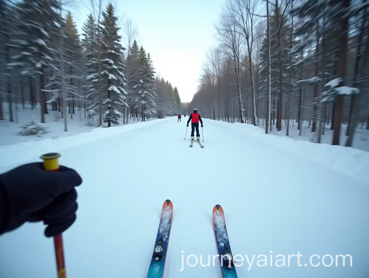 Skier-in-Action-on-Snowy-Mountain-Trail-with-Forest-and-Fellow-Skiers