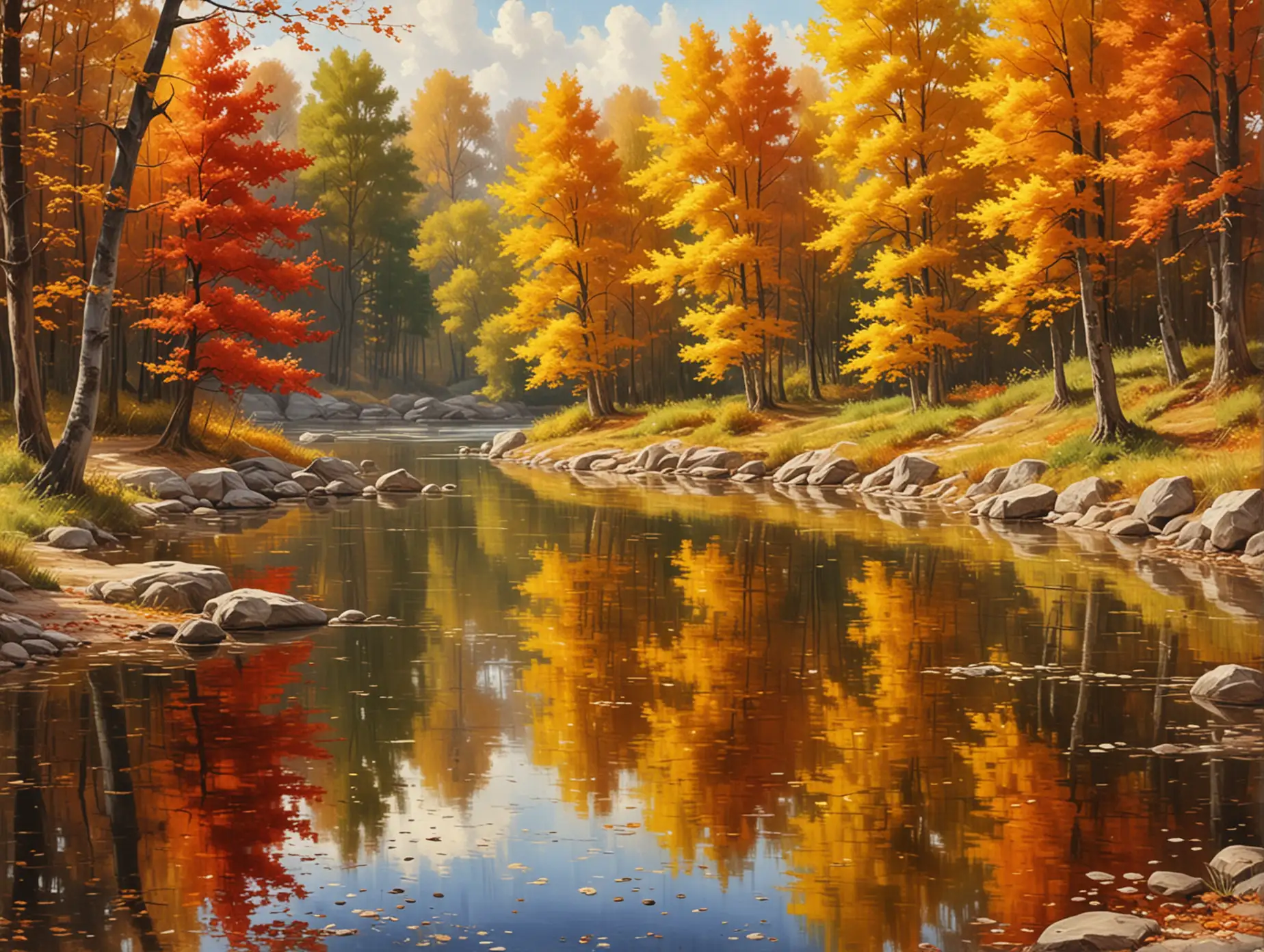 Autumn Lake Landscape in Yellow Hues