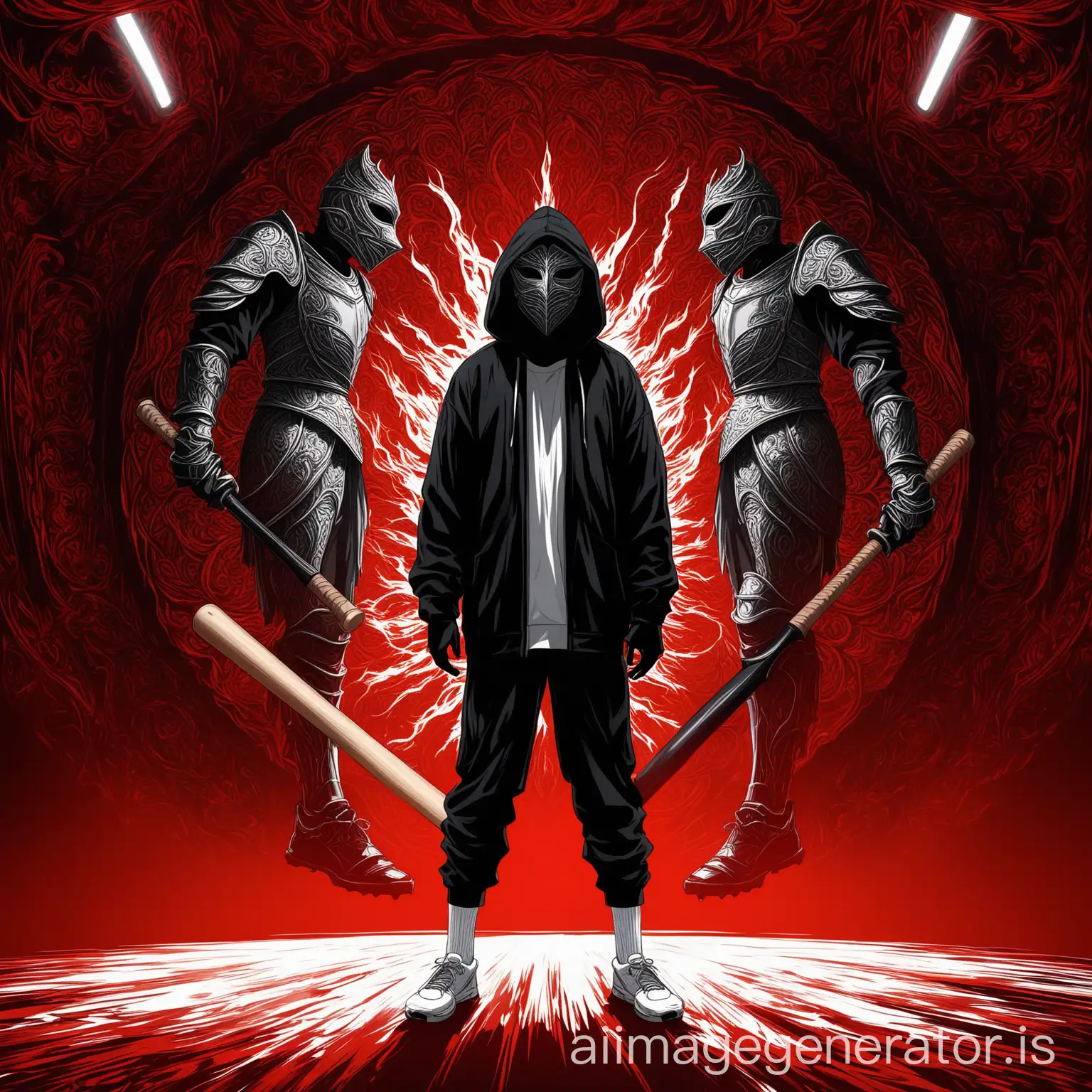 Armored-Figure-in-Hoodie-with-Baseball-Bat-Against-Red-Background