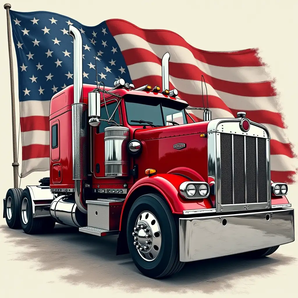 A powerful red semi-truck with chrome details and large exhaust pipes, parked in front of a waving American flag. The truck is bold and detailed, with a rugged, patriotic feel. The background flag has a vintage texture with deep red, white, and blue tones. The overall composition is dynamic. charcoal drawing