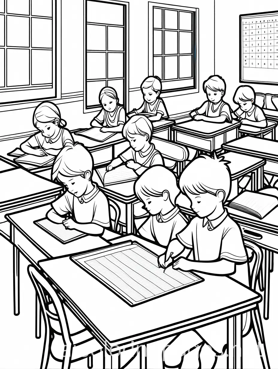 Young-Children-Doing-Math-Assignment-in-Classroom-Coloring-Page