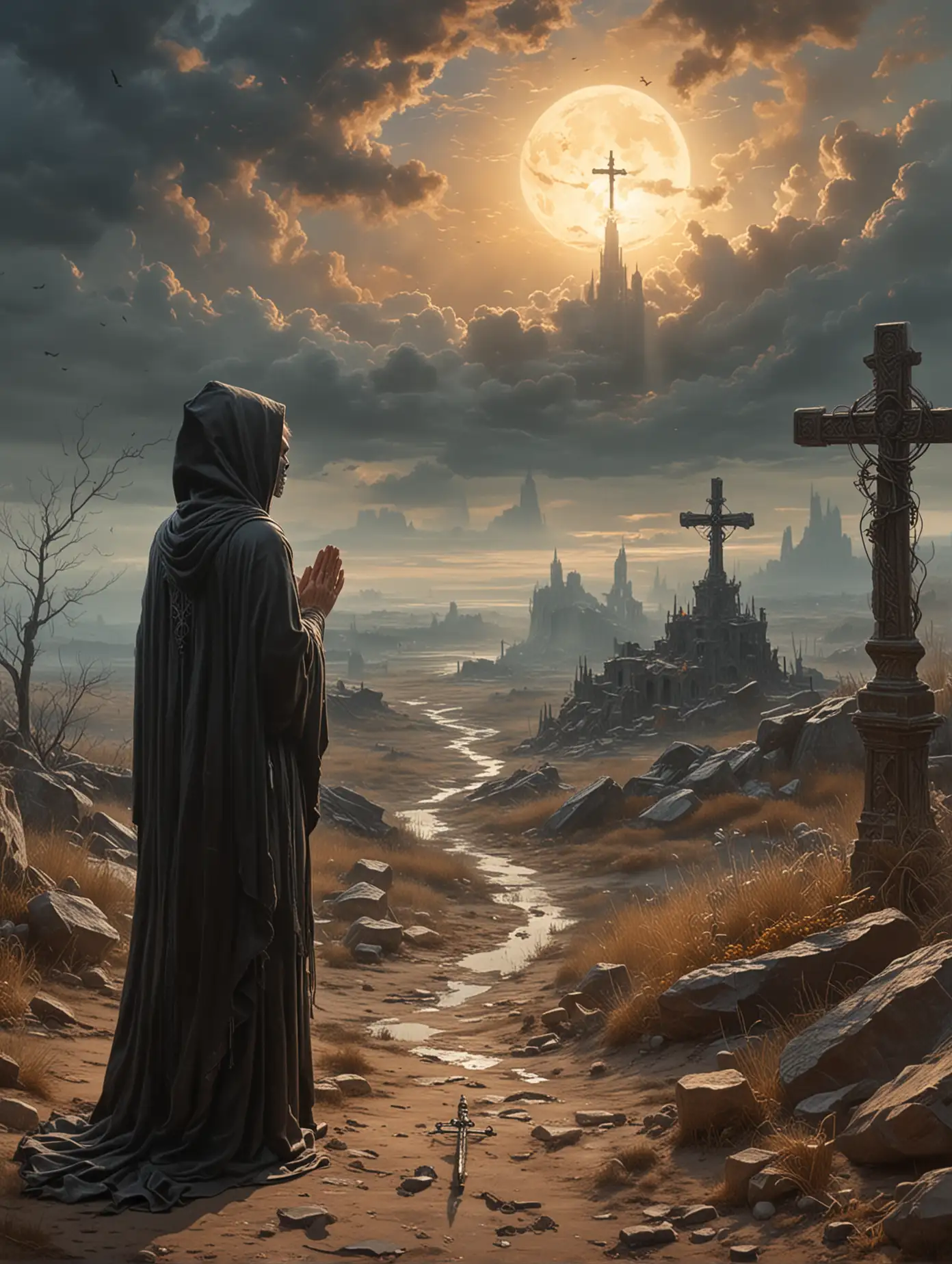 Death-Tarot-Card-Featuring-a-Female-Figure-and-Jester-in-Misty-Landscape-with-Orthodox-Cross